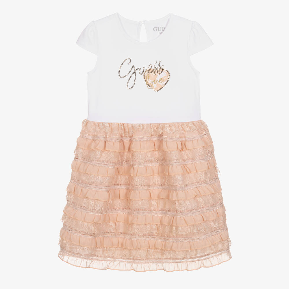 Guess-فستان تنورة قطن جيرسي وشيفون لون أبيض وزهري | Childrensalon Outlet