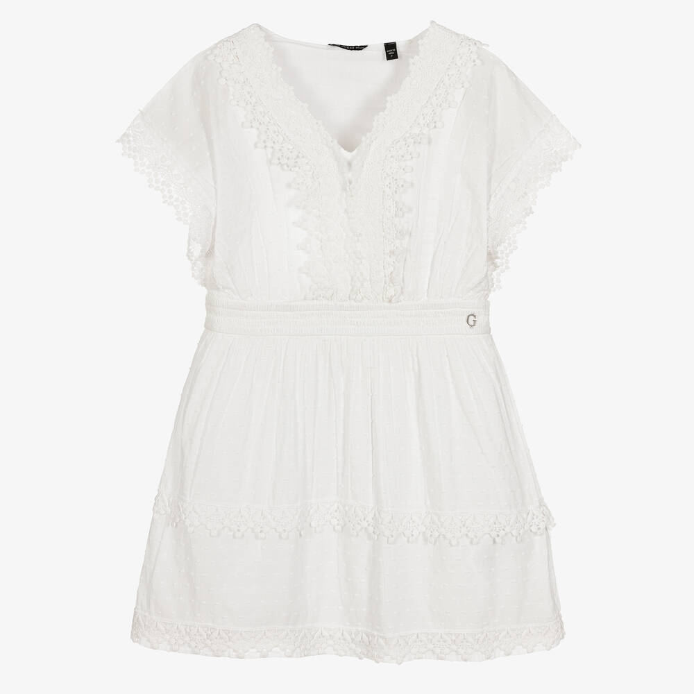 Guess - Girls White Plumeti Cotton Dress | Childrensalon