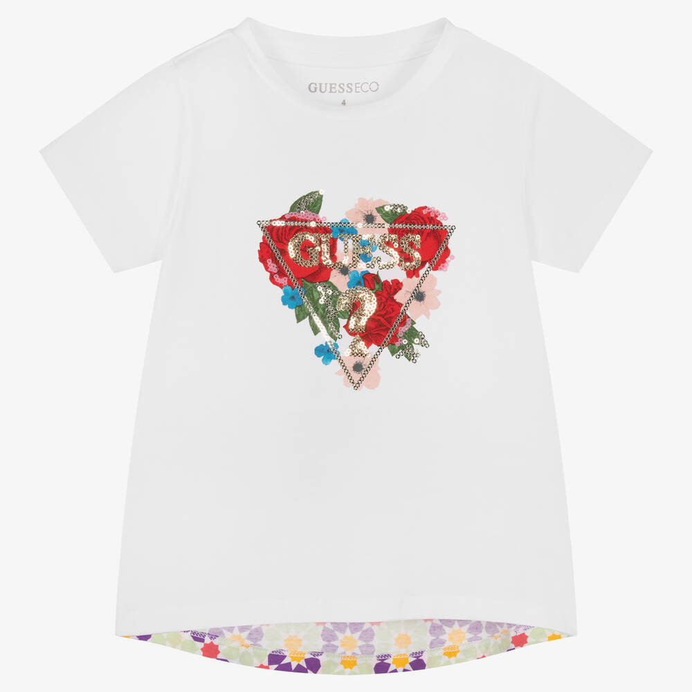 Guess - Girls White Sequin & Colourful Print T-Shirt | Childrensalon