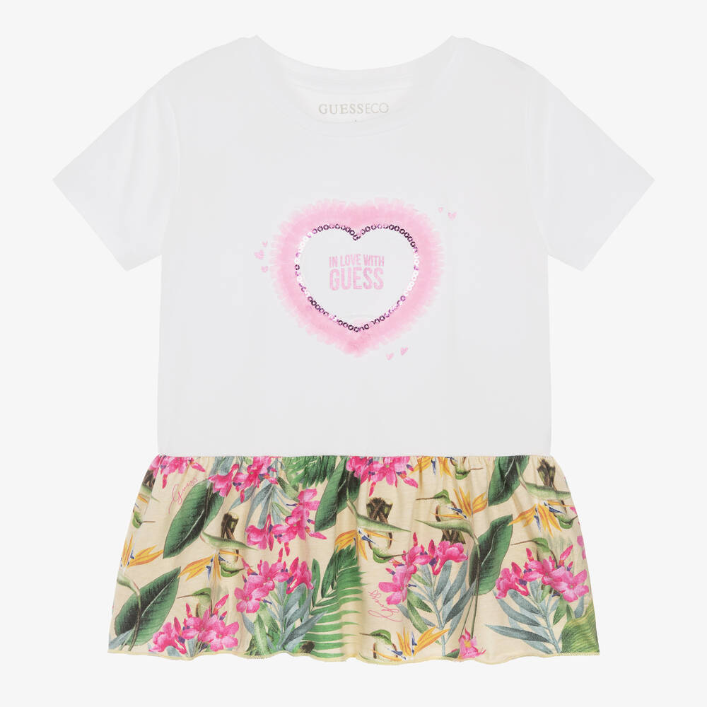 Guess-Girls White & Sequin Heart Cotton T-Shirt | Childrensalon Outlet