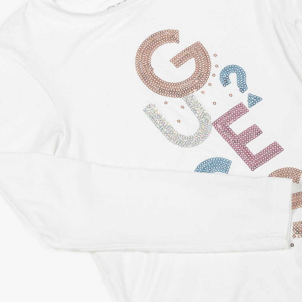 Guess-Girls White Sequin Logo Tee | Childrensalon Outlet