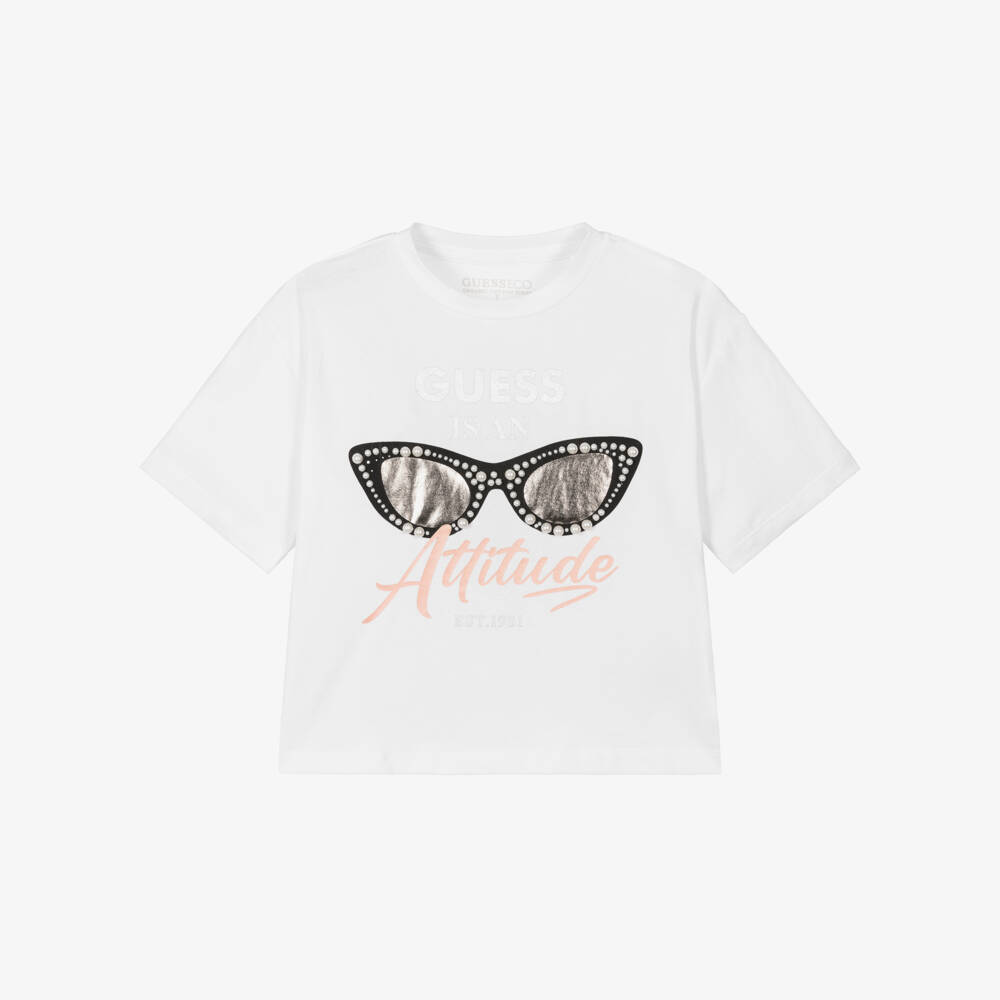 Guess-Футболка из хлопка с очками для девочек белая | Childrensalon Outlet
