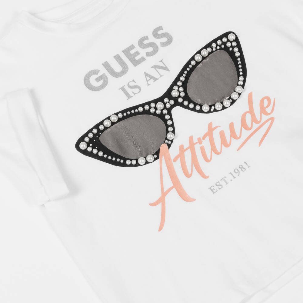 Guess-Girls White Sunglasses Cotton Tee | Childrensalon Outlet