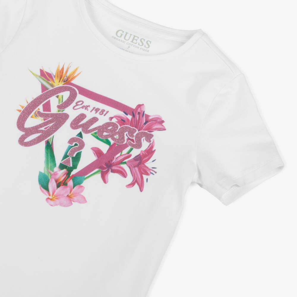 Guess-Girls White Tropical Print Tee | Childrensalon Outlet