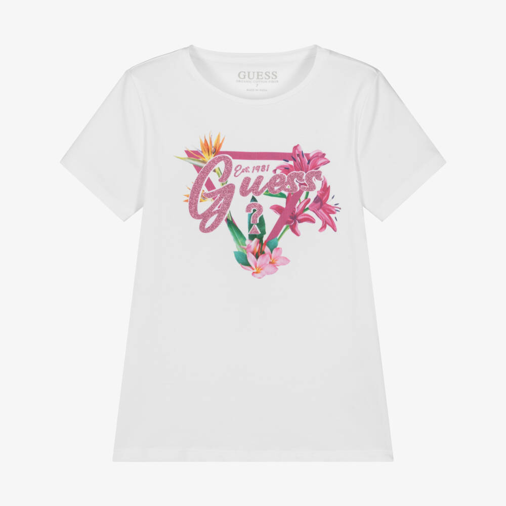 Guess-Girls White Tropical Print Tee | Childrensalon Outlet