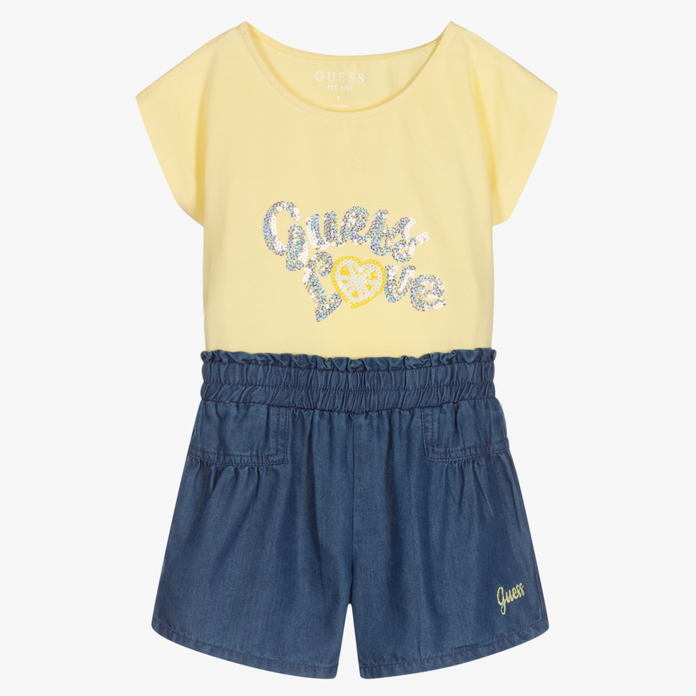Guess - Желтая футболка и синие шорты для девочек | Childrensalon