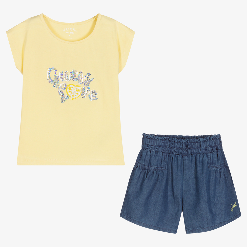 Guess-Желтая футболка и синие шорты для девочек | Childrensalon Outlet