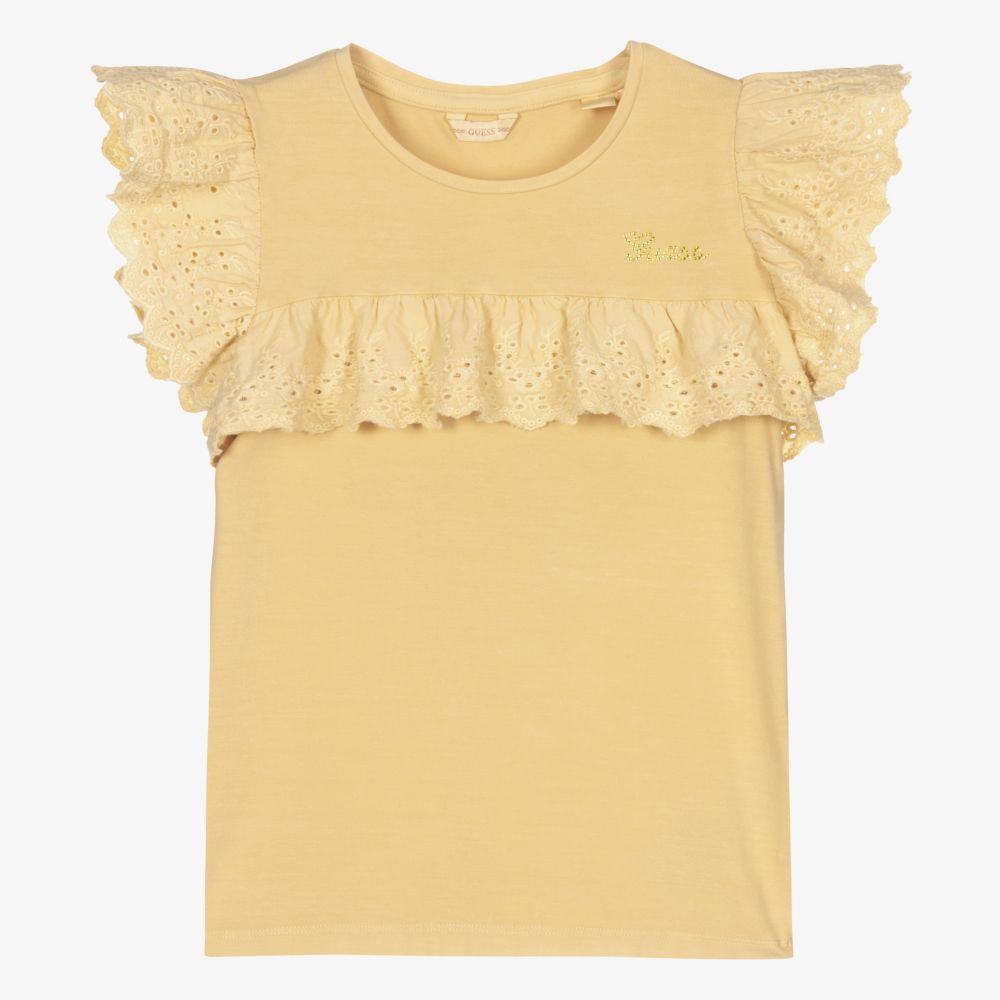 Guess - Желтая футболка с кружевной отделкой для девочек | Childrensalon