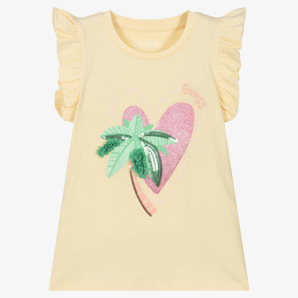 Guess - Girls Yellow Organic Cotton T-Shirt  | Childrensalon