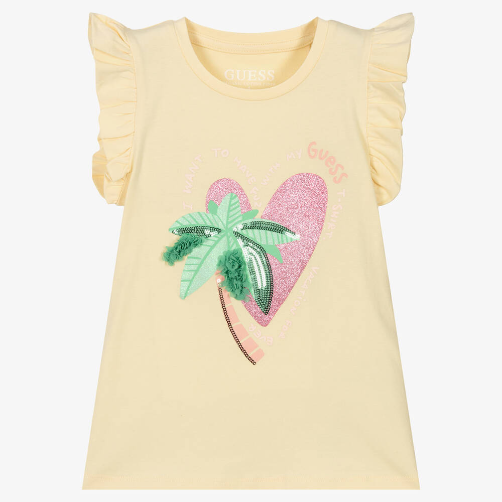 Guess - T-shirt jaune en coton bio fille  | Childrensalon