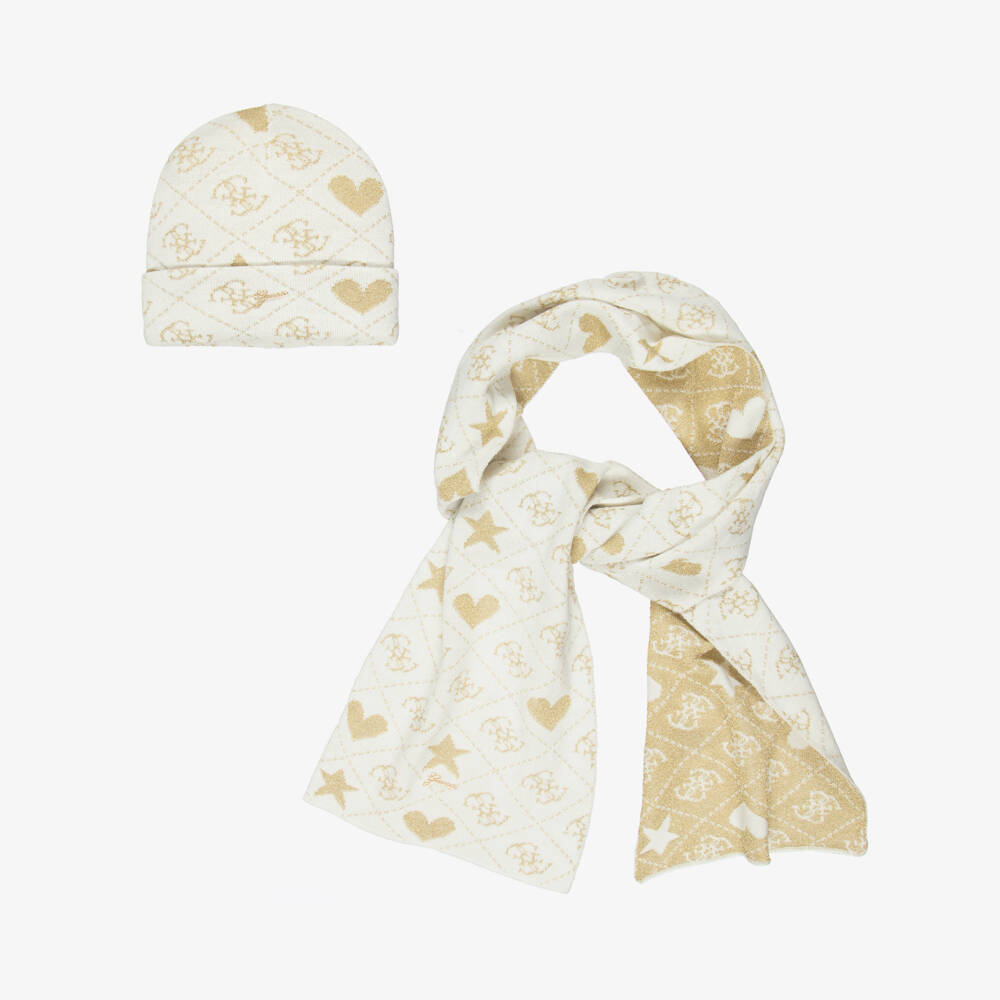 Guess-Ivory And Beige Logo Hat And Scarf Set | Childrensalon Outlet