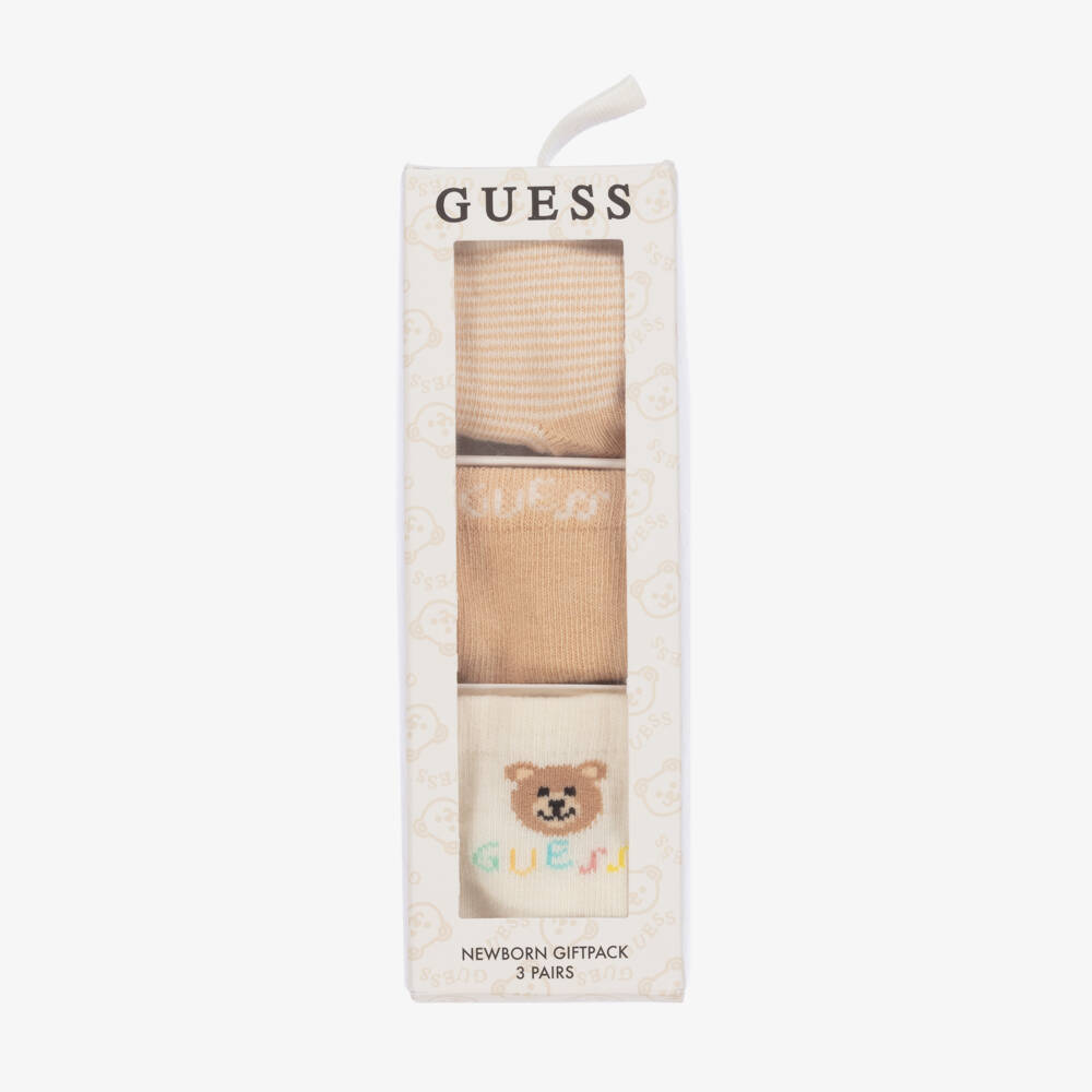 Guess-Ivory & Beige Teddy Bear Socks (3 Pack) | Childrensalon Outlet