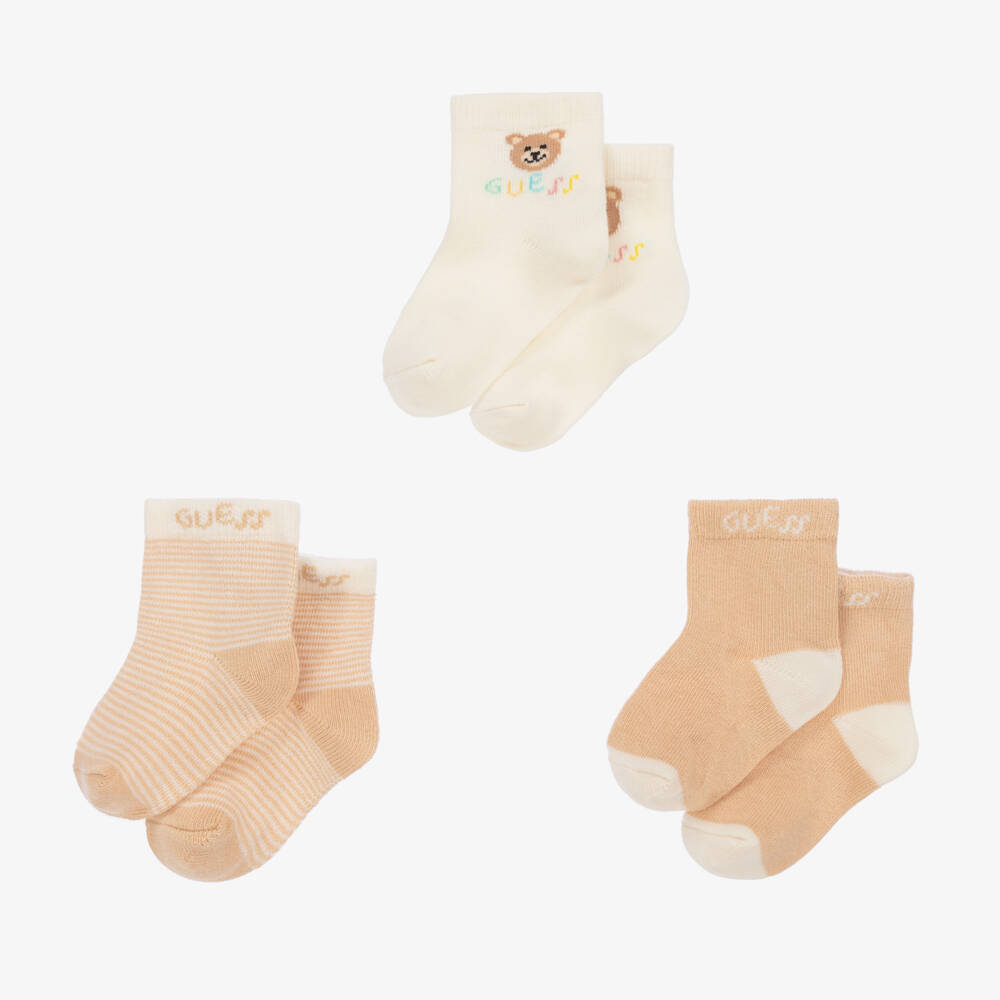 Guess-Ivory & Beige Teddy Bear Socks (3 Pack) | Childrensalon Outlet