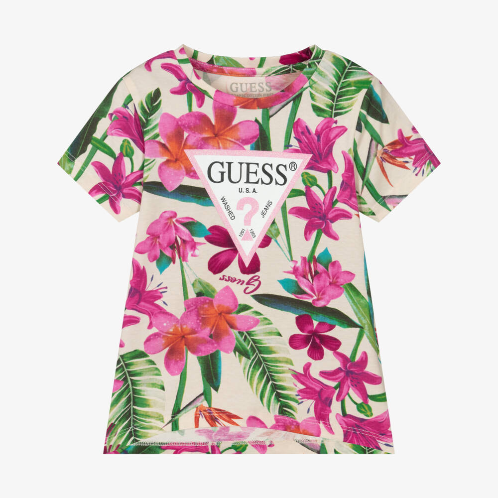Guess-Кремовая хлопковая футболка с цветочным узором для девочек | Childrensalon Outlet