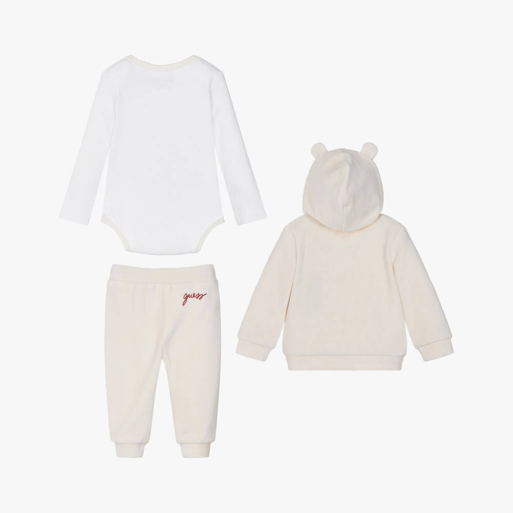 Guess-Ivory Velour Baby Tracksuit Set with Teddy Bear Motif | Childrensalon Outlet