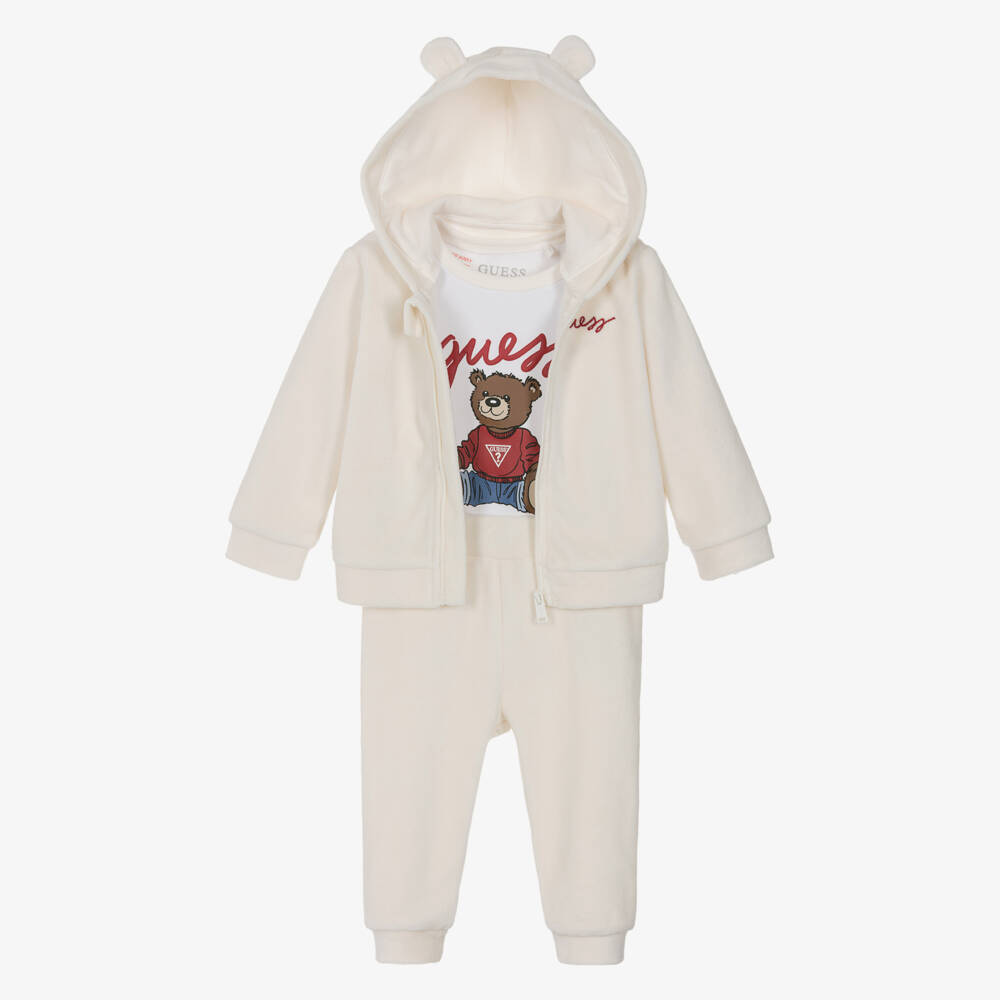 Guess-Ivory Velour Baby Tracksuit Set with Teddy Bear Motif | Childrensalon Outlet