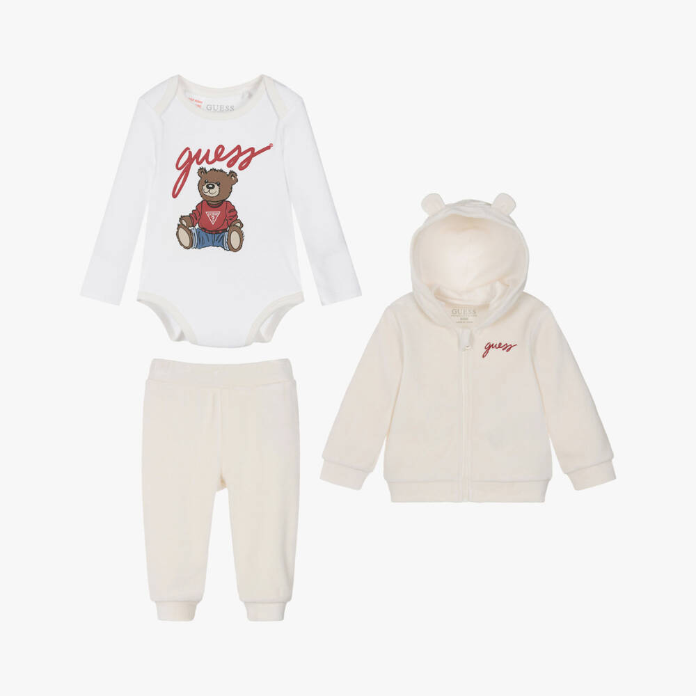 Guess-Ivory Velour Baby Tracksuit Set with Teddy Bear Motif | Childrensalon Outlet