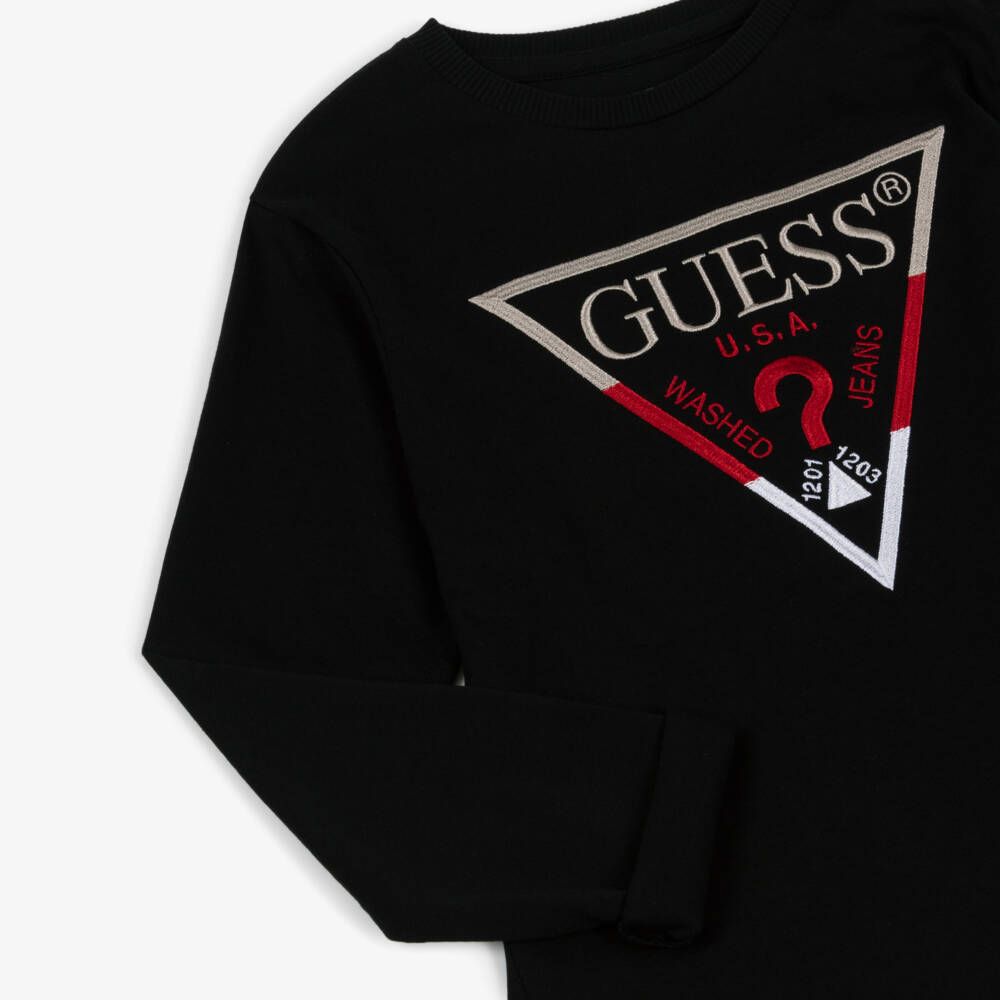 Guess-Junior Boys Black Cotton Triangle Logo Long-Sleeved Top | Childrensalon Outlet