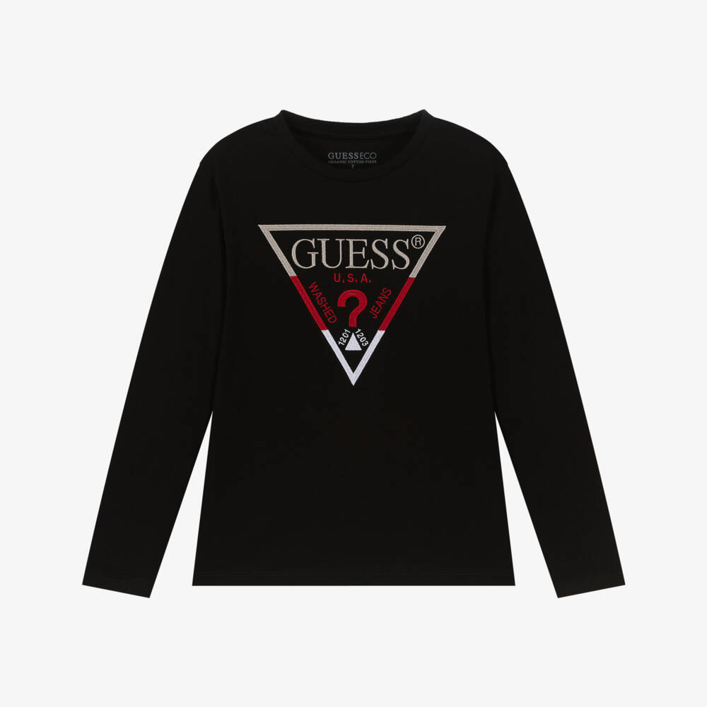 Guess-Junior Boys Black Cotton Triangle Logo Long-Sleeved Top | Childrensalon Outlet