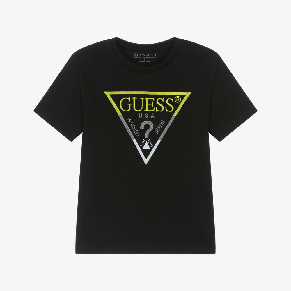 Guess-Junior Boys Black Organic Cotton Triangle Logo T-Shirt | Childrensalon Outlet
