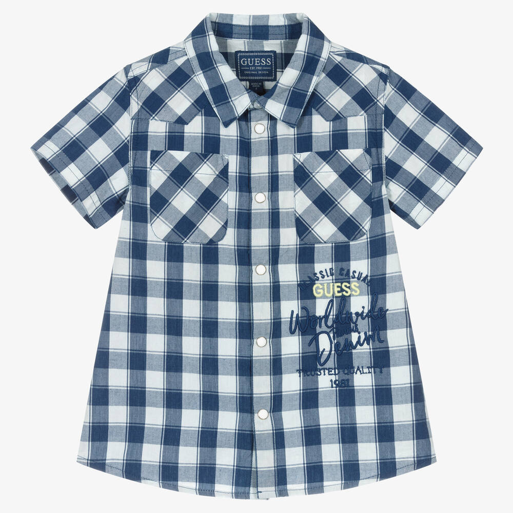 Guess - قميص قطن كاروهات لون أزرق وأبيض للأولاد | Childrensalon