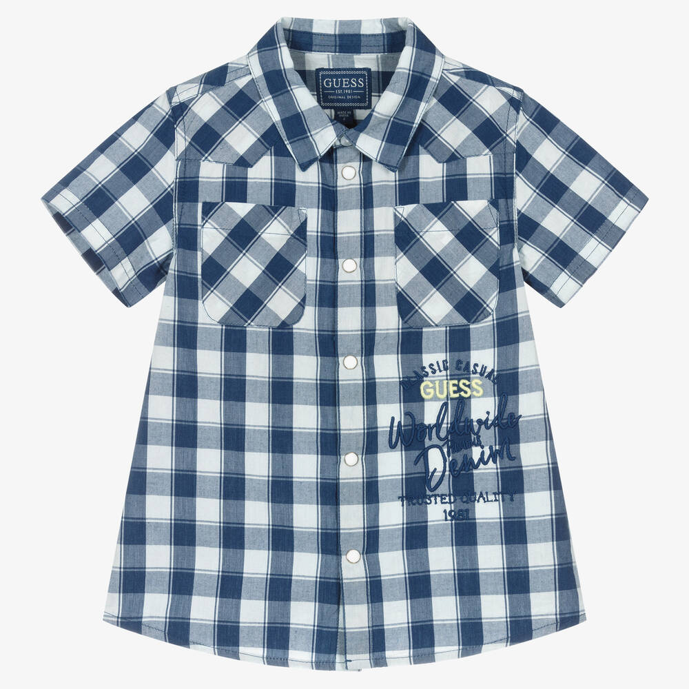 Guess - Chemise bleue en coton à carreaux | Childrensalon