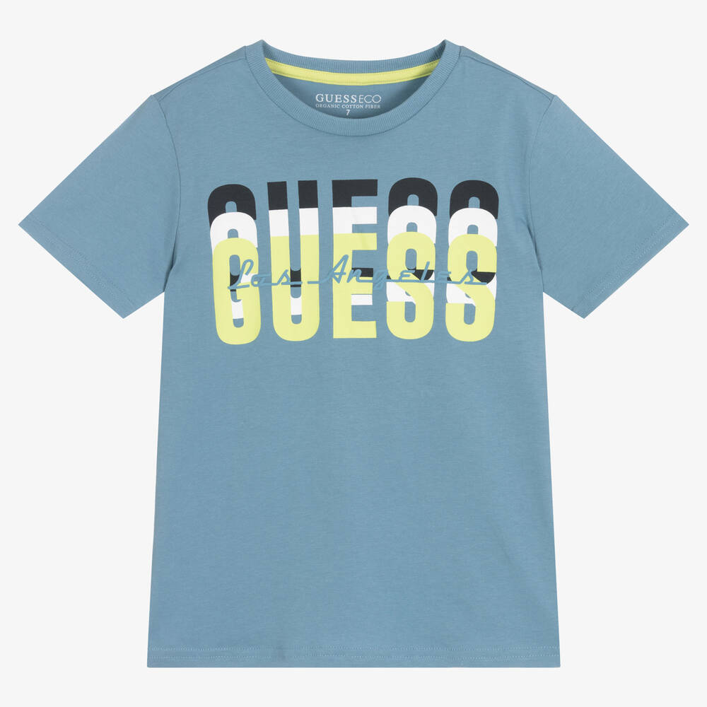 Guess Junior Boys Blue Cotton Logo T Shirt Childrensalon Outlet