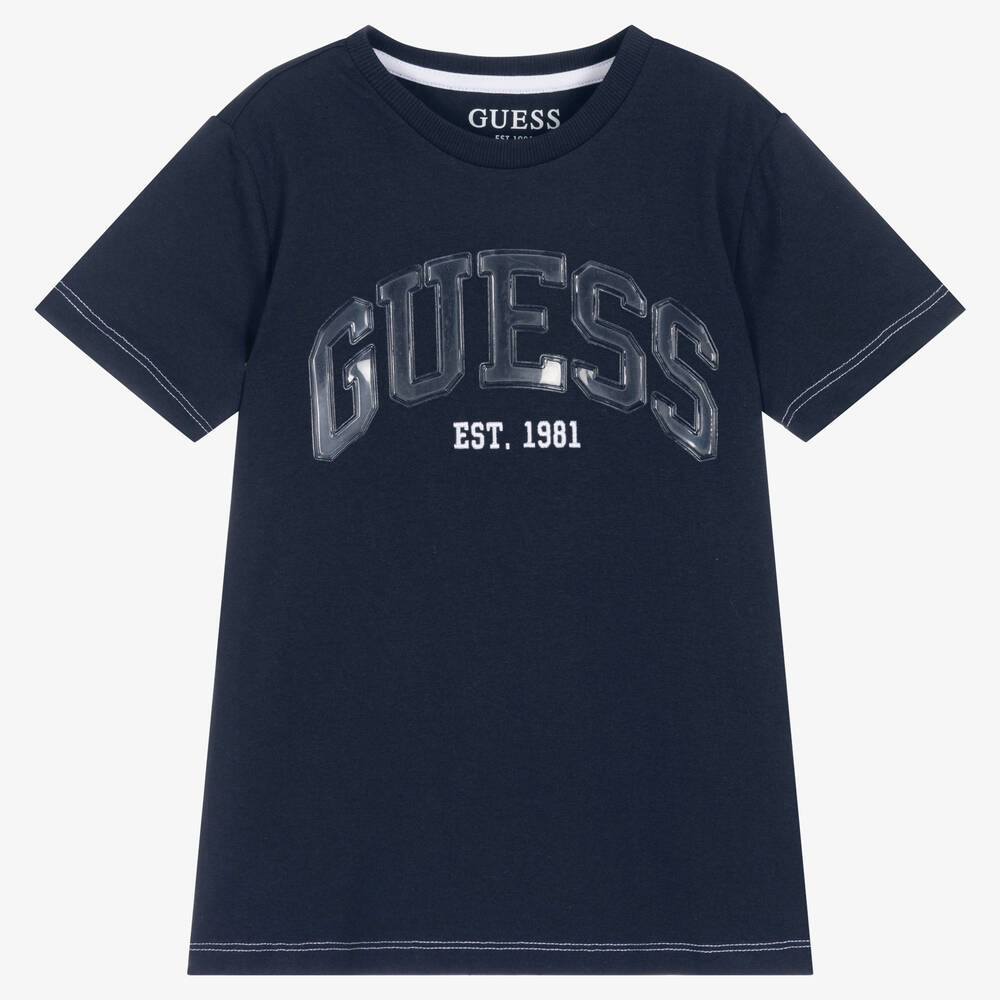 Guess - Junior Boys Blue Cotton Logo T-Shirt | Childrensalon