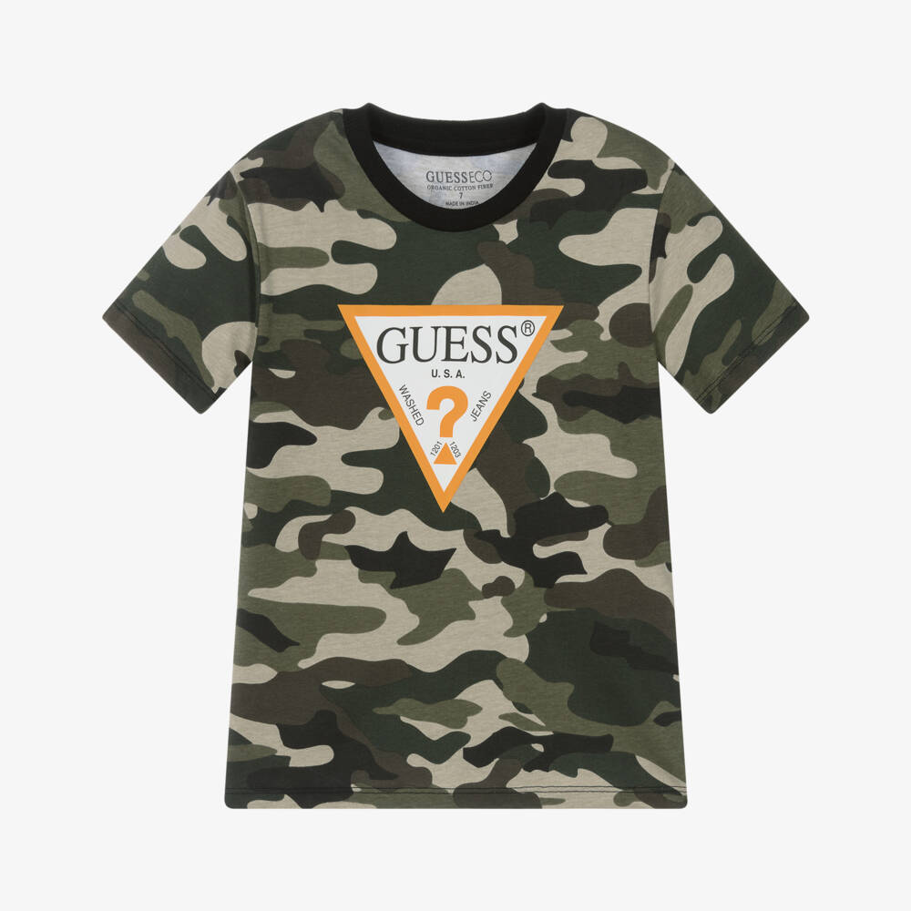 Guess-Junior Boys Green Cotton Camouflage T-Shirt with Triangle Logo | Childrensalon Outlet