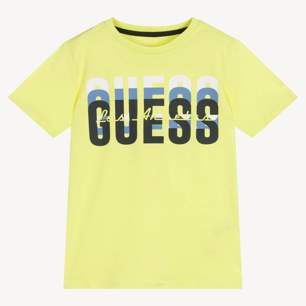 Guess - تيشيرت قطن لون أخضر ليموني للأولاد | Childrensalon