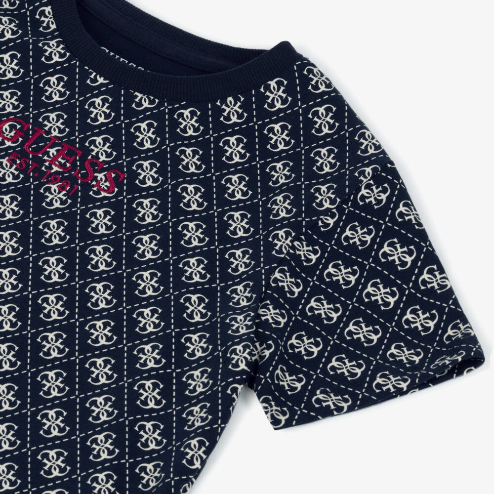 Guess-Junior Boys Navy Blue Cotton 4g Logo T-Shirt | Childrensalon Outlet