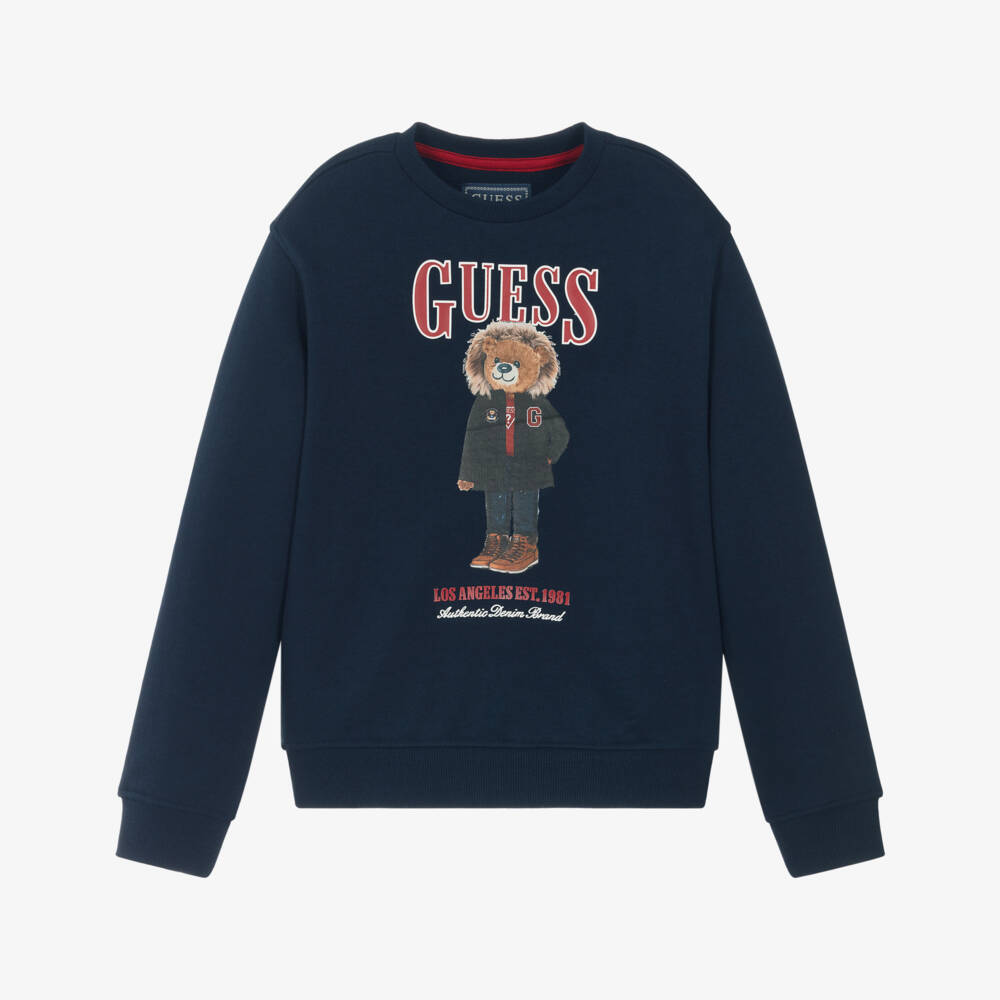 Guess-Junior Boys Navy Blue Cotton Teddy Bear Logo Sweatshirt | Childrensalon Outlet