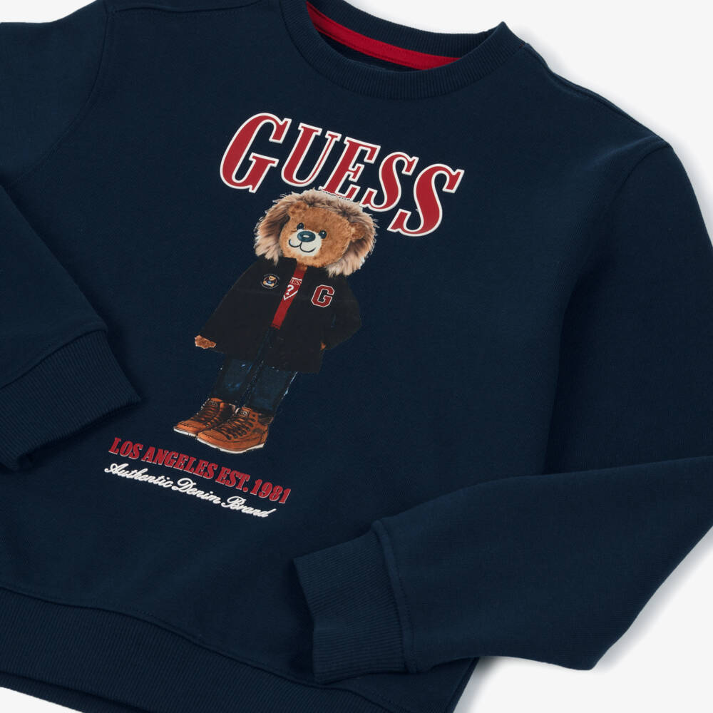 Guess-Junior Boys Navy Blue Cotton Teddy Bear Logo Sweatshirt | Childrensalon Outlet