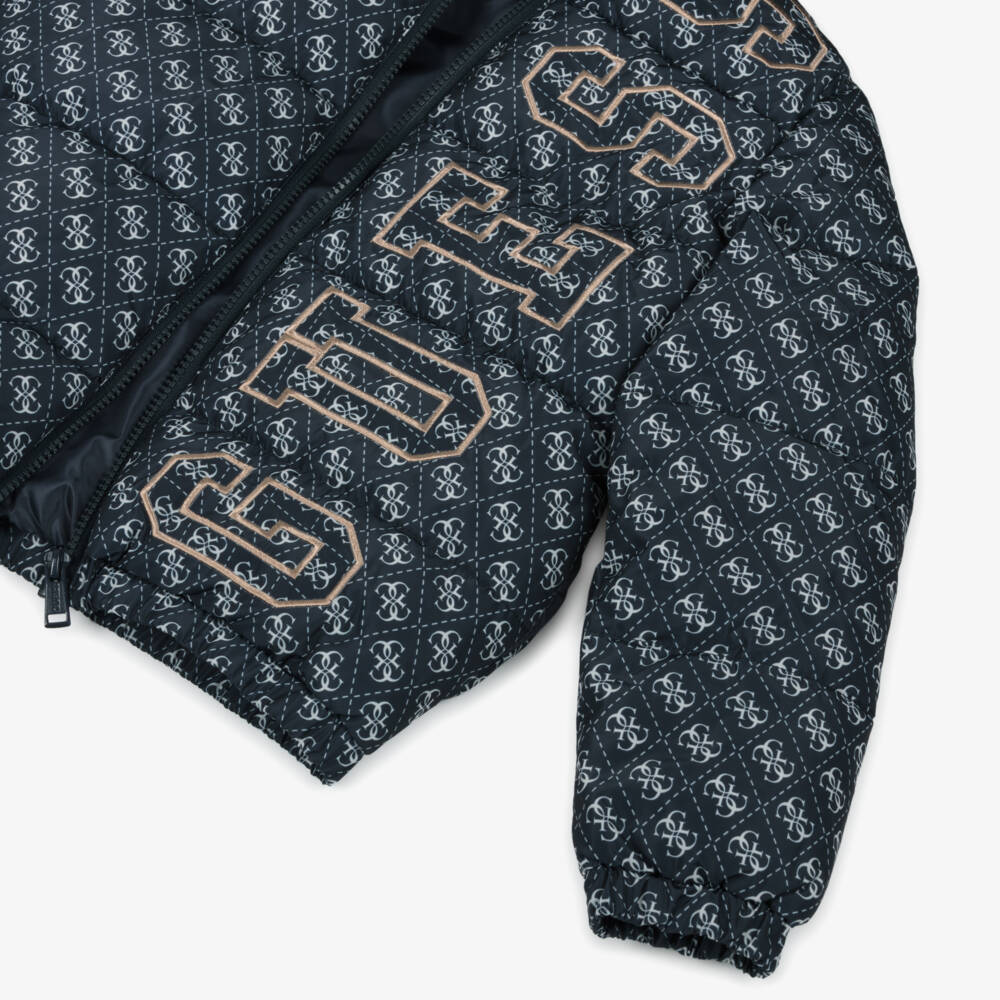 Guess-Junior Boys Navy Blue Hooded 4G Logo Puffer Jacket | Childrensalon Outlet