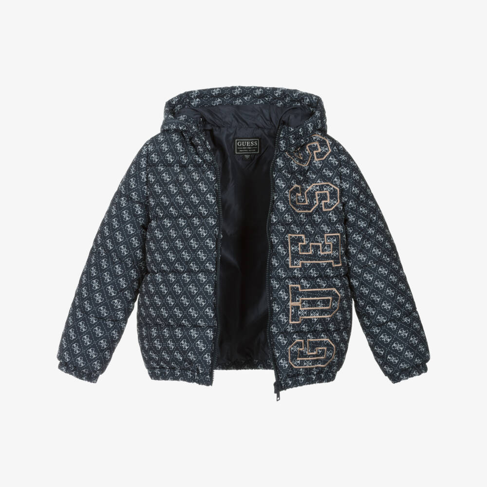 Guess-Junior Boys Navy Blue Hooded 4G Logo Puffer Jacket | Childrensalon Outlet