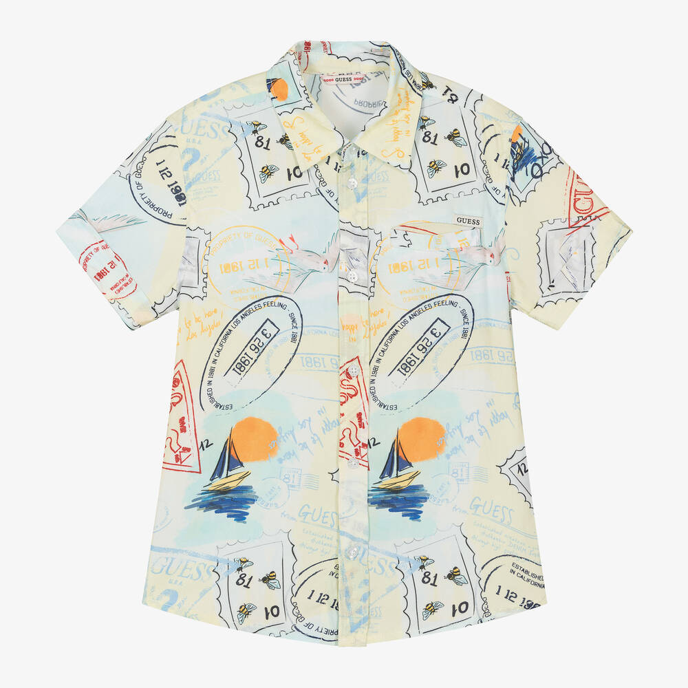 Guess-قميص فيسكوز لون أصفر وأزرق باستيل للأولاد | Childrensalon Outlet