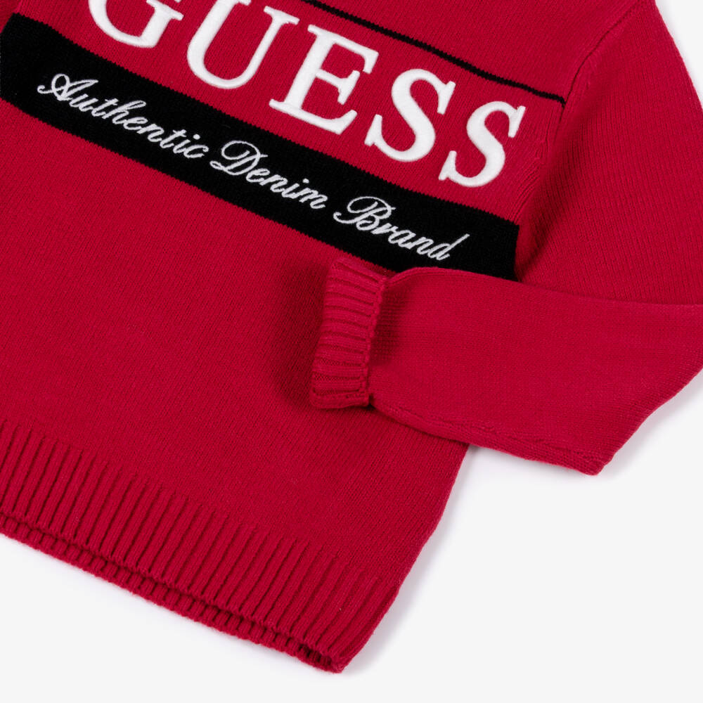 Guess-Junior Boys Red Knitted Sweater with Embroidered Logo | Childrensalon Outlet