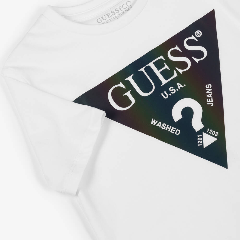 Guess-Junior Boys White Cotton T-Shirt with Reflective Logo | Childrensalon Outlet