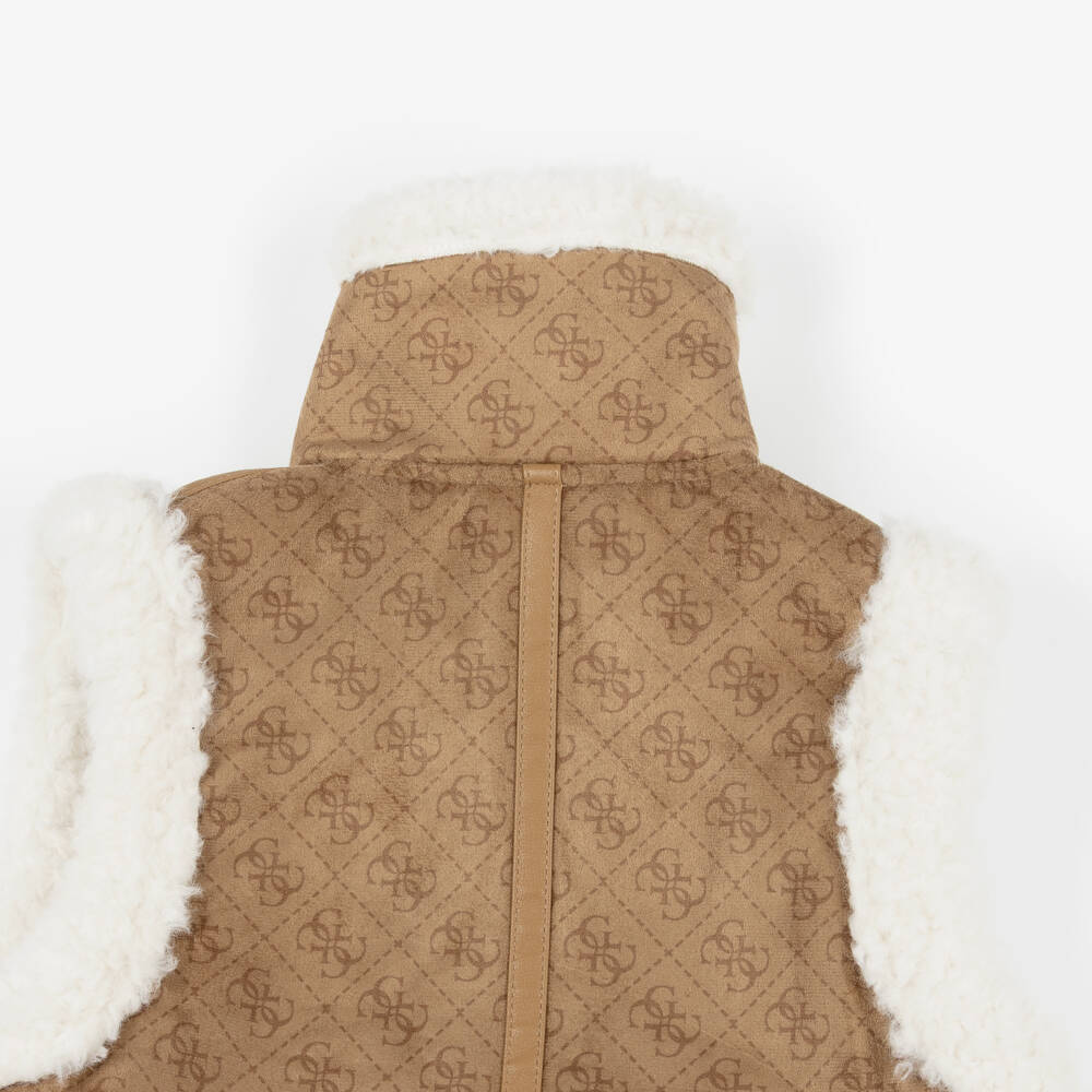 Guess-Junior Girls Beige Faux Suede & Sherpa Fleece 4G Gilet | Childrensalon Outlet