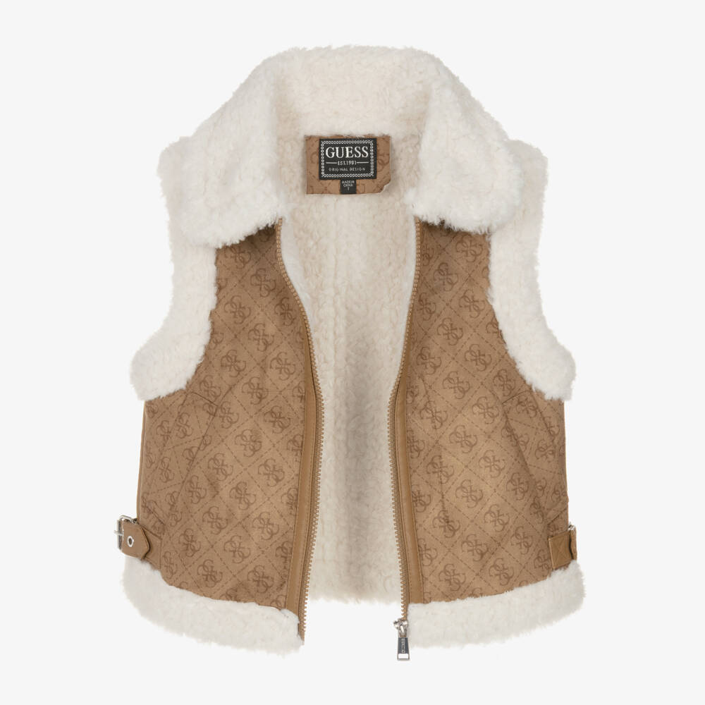 Guess-Junior Girls Beige Faux Suede & Sherpa Fleece 4G Gilet | Childrensalon Outlet