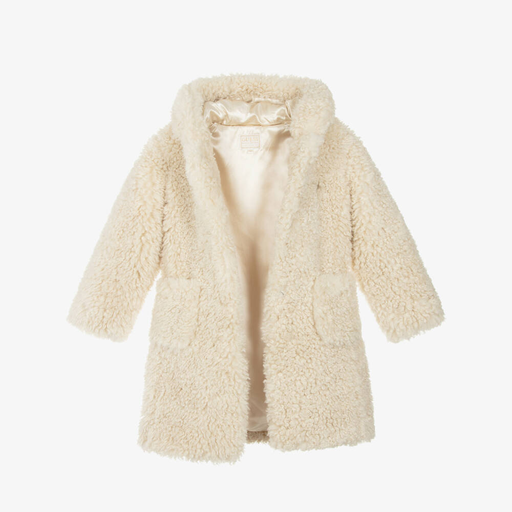 Guess-Junior Girls Beige Fluffy Fleece Hooded Coat | Childrensalon Outlet
