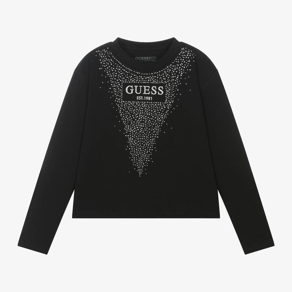 Guess-Junior Girls Black Cotton Diamanté Top | Childrensalon Outlet