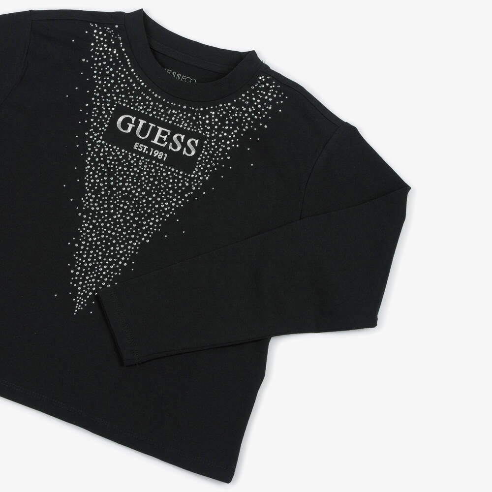 Guess-Junior Girls Black Cotton Diamanté Top | Childrensalon Outlet