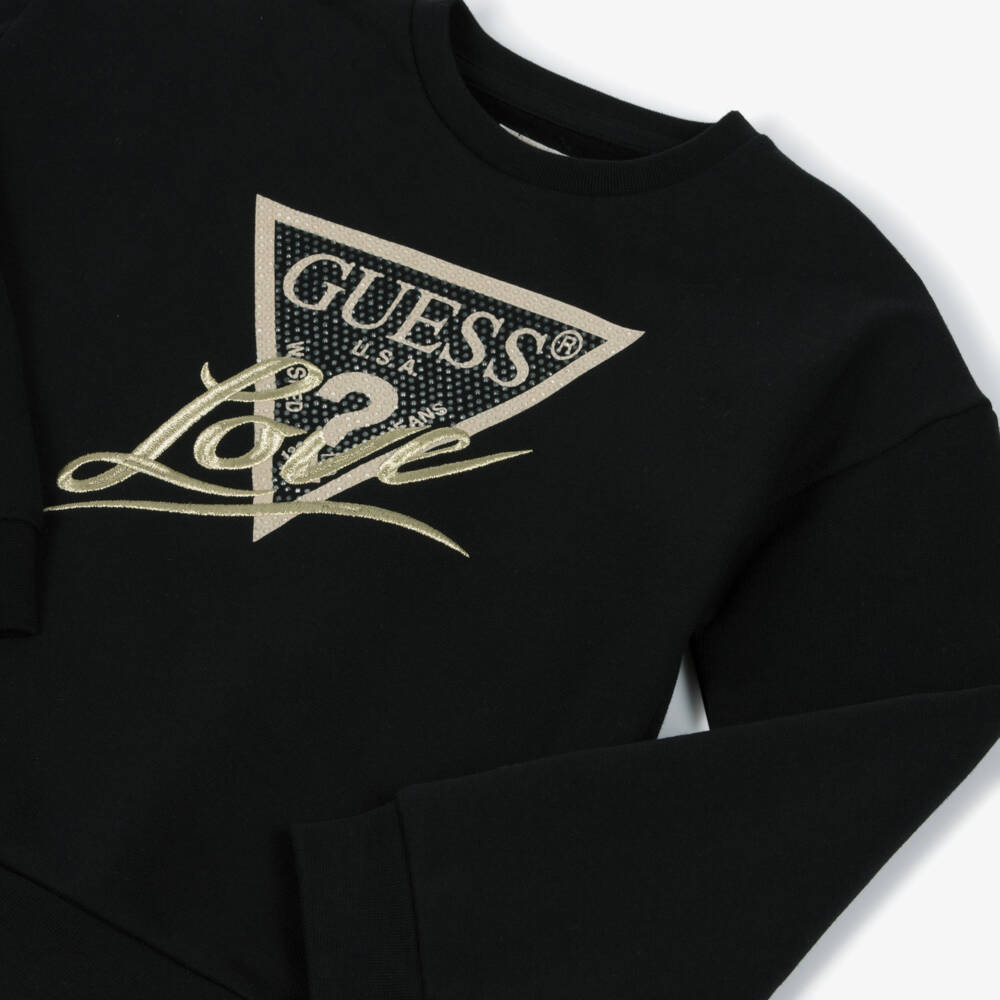 Guess-Junior Girls Black Cotton Diamanté Triangle Logo Sweatshirt | Childrensalon Outlet