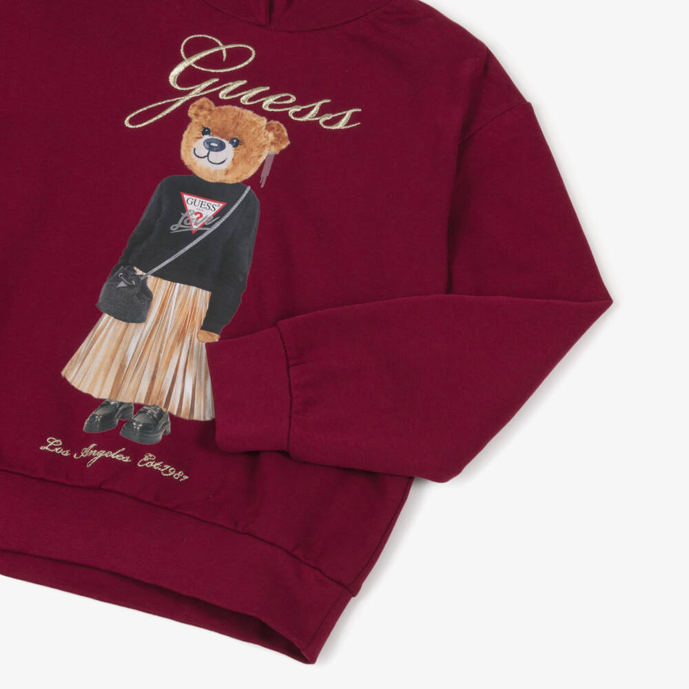 Guess-Junior Girls Burgundy Red Cotton Teddy Bear Hoodie | Childrensalon Outlet