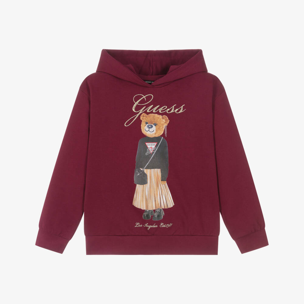 Guess-Junior Girls Burgundy Red Cotton Teddy Bear Hoodie | Childrensalon Outlet