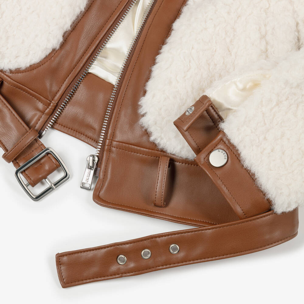 Guess-Junior Girls Ivory Faux Fleece Jacket with Faux Leather Trims | Childrensalon Outlet
