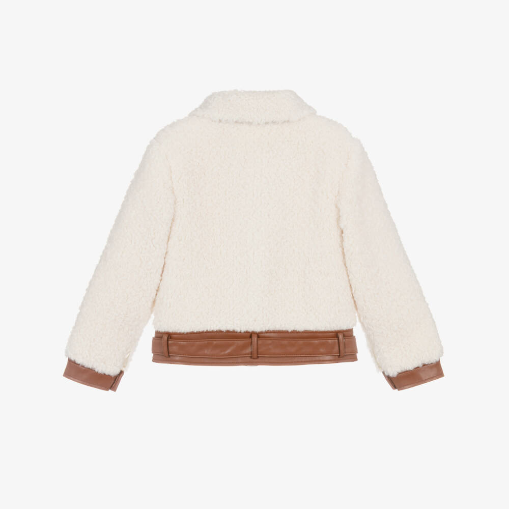 Guess-Junior Girls Ivory Faux Fleece Jacket with Faux Leather Trims | Childrensalon Outlet