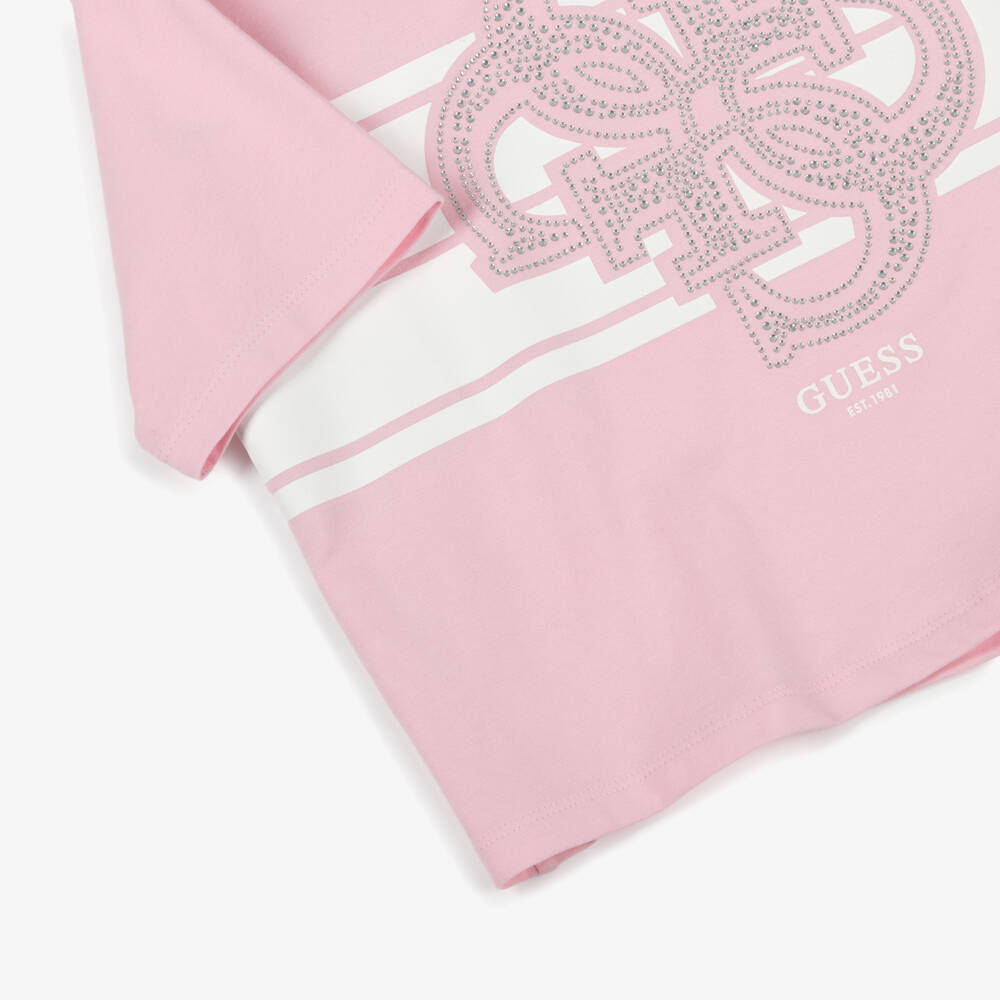 Guess-Junior Girls Pink Cotton Diamanté T-Shirt | Childrensalon Outlet