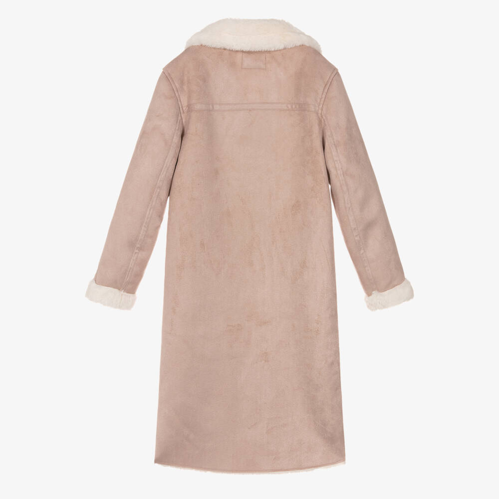 Guess-Junior Girls Pink Faux Suede Leather Coat with Faux Fur Trim | Childrensalon Outlet